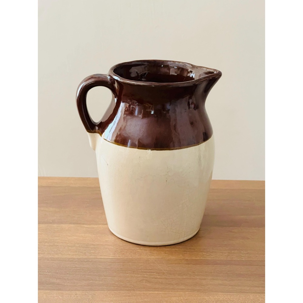 Vintage Two Toned Pottery Stoneware Pitcher - Farmhouse Cottagecore Brown/ Cream